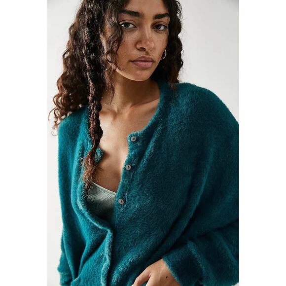 FREE PEOPLE FP ONE WYATT CARDI SOFT FUZZY BUTTON FRONT CARDIGAN TEAL Size XS - Picture 1 of 9
